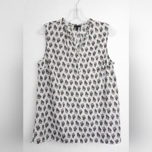 Talbots White Sleeveless Floral Henley Top with Black & Pink Print
